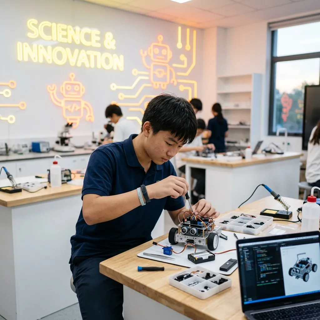 Estudante montando um robô em um laboratório de ciência e tecnologia