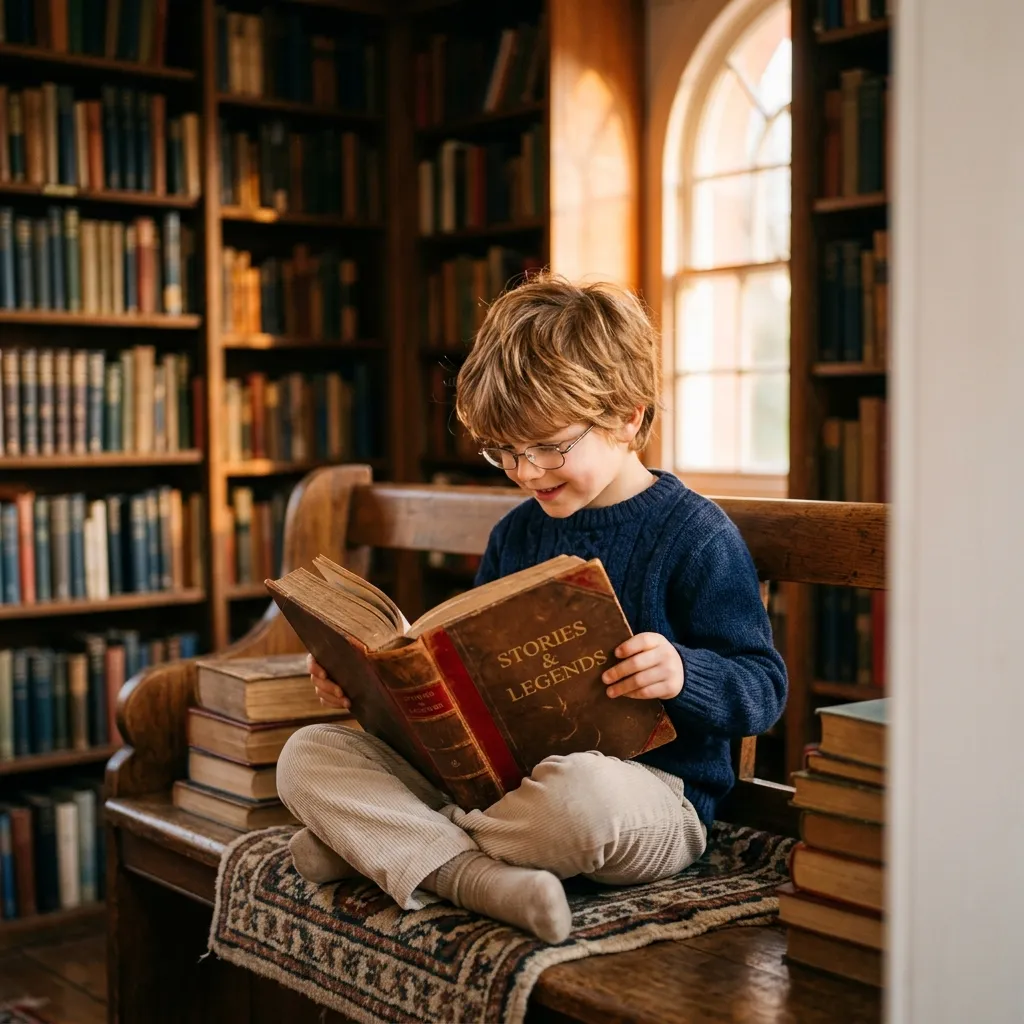 Menino lendo um livro em uma biblioteca clássica